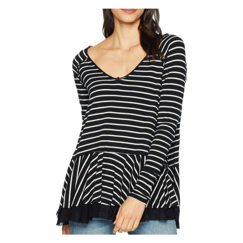 Free People Womens Tangerine Tee Size Small Black White Striped V-Neck Peplum